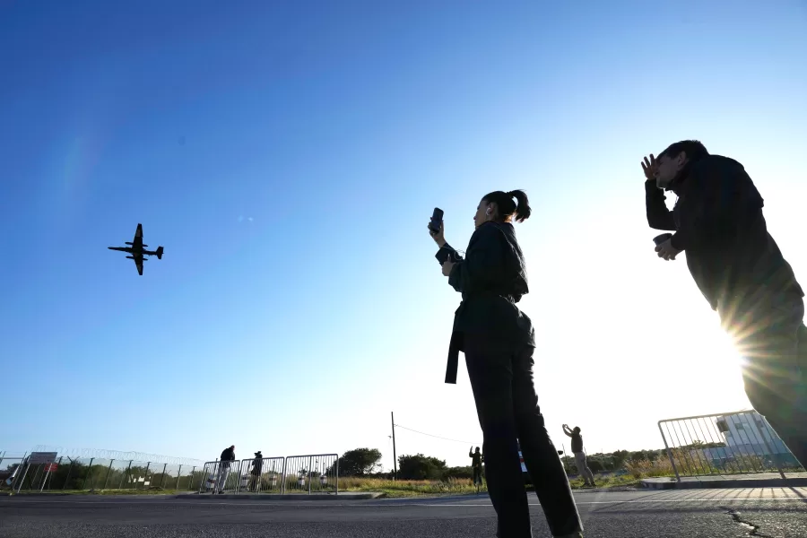 A U-2 spy aircraft lands at the U.K.’s RAF Akrotiri air base, near Limassol, Cyprus, Thursday, March 5, 2026. (AP Photo/Petros Karadjias)