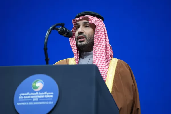 Saudi Arabia’s Crown Prince Mohammed bin Salman speaks during the Saudi Investment Forum at the Kennedy Center, Wednesday, Nov. 19, 2025, in Washington. (AP Photo/Evan Vucci)