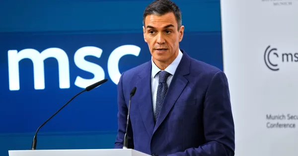 Spain’s Prime Minister Pedro Sanchez speaks during a panel discussion at the Munich Security Conference in Munich, Germany, Saturday, Feb. 14, 2026. (AP Photo/Michael Probst)