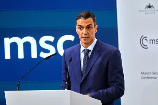 Spain’s Prime Minister Pedro Sanchez speaks during a panel discussion at the Munich Security Conference in Munich, Germany, Saturday, Feb. 14, 2026. (AP Photo/Michael Probst)