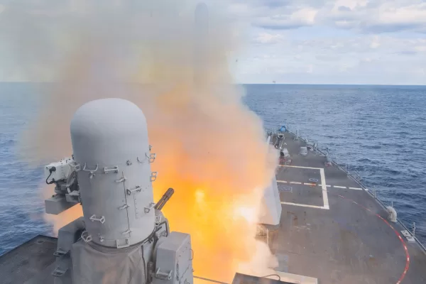 This image provided by U.S. Central Command shows the Arleigh Burke-class guided-missile destroyer USS Bulkeley (DDG 84) firing a Tomahawk Land Attack Missile (TLAM) in support of Operation Epic Fury, on Saturday, Feb. 28, 2026. (U.S. Navy via AP)