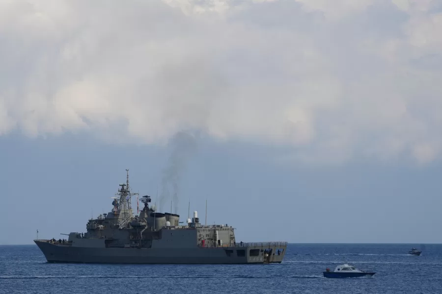 The Greek frigate Psara exits the port of Limassol, Cyprus, Wednesday, March 4, 2026. (AP Photo/Petros Karadjias)