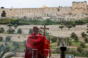 Cardinal Pierbattista Pizzaballa, the Latin Patriarch of Jerusalem, holds a prayer service to mark Palm Sunday in Jerusalem, Sunday, March 29, 2026. (Ammar Awad/Pool Photo via AP)