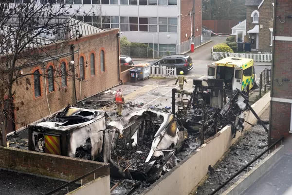 View at burnt Ambulances in a car park at Golders Green in London, Monday, March 23, 2026 after an apparent arson attack on four vehicles belonging to a Jewish ambulance service, Hatzola Northwest, in London.(AP Photo/Alberto Pezzali)