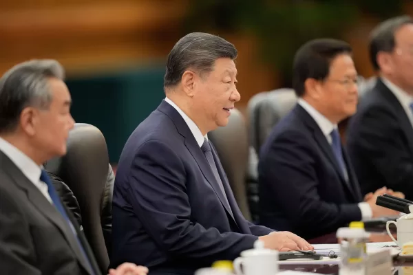 Chinese President Xi Jinping, second left, talks to Finland’s Prime Minister Petteri Orpo, unseen, during their bilateral meeting  at the Great Hall of the People in Beijing, China, Tuesday, Jan. 27, 2026. (AP Photo/Vincent Thian, Pool)
