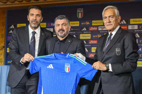 Gianluigi Buffon Gennaro Gattuso and Gabriele Gravina during the press conference to present Technical Commissioner Gennaro Gattuso at the Hotel Parco dei Principi Rome, Italy – Thursday 19 June 2025. Sports – Football. (Photo by Fabrizio Corradetti / LaPresse)