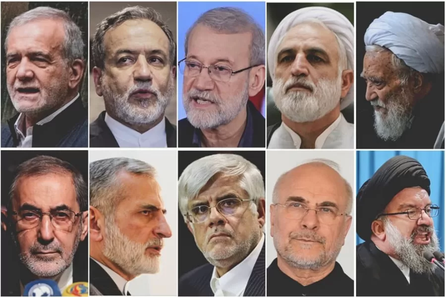 FILE – This combo of file photos show Iran’s key political and religious figures, top row, from left, Supreme Leader Ayatollah Ali Khamenei, President Masoud Pezeshkian, Foreign Minister Abbas Araghchi, Khamenei Adviser on Public Policy Ali Larijani, Chief Justice Gholam Hossein Mohseni Ejehi, Head of Assembly Experts Mohammad-Ali Movahedi Kermani and Secretary of Guardian Council Ahmad Jannati, bottom row, from left, Khamenei’s Chief of Staff Mohammad Golpayegani, Khamenei Adviser on International Affairs Ali Akbar Velayati, Khamenei Adviser on Foreign Policy Kamal Kharazi, First Vice President Mohammad Reza Aref, Parliament Speaker Mohammad Bagher Ghalibaf, Tehran Friday Prayer Imam Ahmad Khatami and Son of Supreme Leader Mojtaba Khamenei. (AP Photo/File)