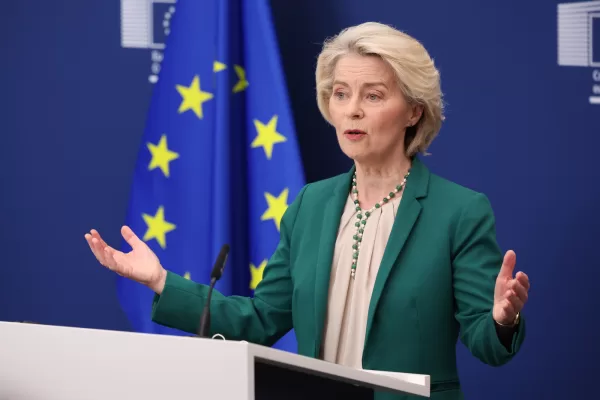 European Commission President Ursula von der Leyen speaks during a media conference at EU headquarters in Brussels, Wednesday, April 15, 2026. (AP Photo/Omar Havana) European Commission President Ursula von der Leyen speaks during a media conference at EU headquarters in Brussels, Wednesday, April 15, 2026. (AP Photo/Omar Havana)