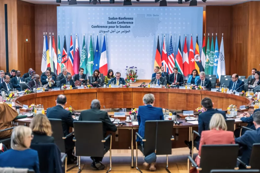 The International Sudan Conference in Berlin, Wednesday April 15, 2026. (Michael Kappeler/dpa via AP)