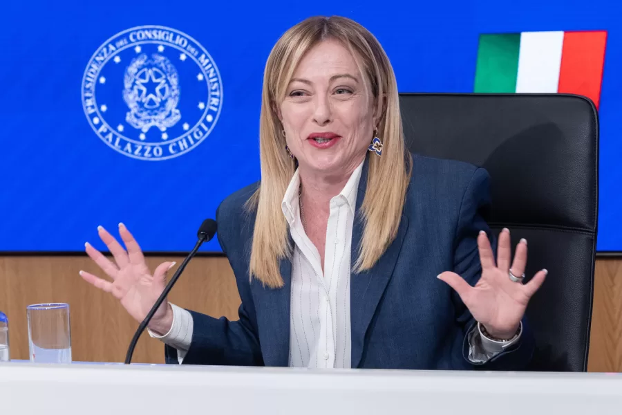 Il Presidente del consiglio Giorgia Meloni durante la conferenza stampa dopo il Consiglio dei Ministri tenutosi a Palazzo Chigi a Roma, Martedì 28 Aprile 2026 (foto Mauro Scrobogna / LaPresse) 

PM Giorgia Meloni during the press conference after the Council of Ministers held at Palazzo Chigi in Rome, Tuesday April 28 2026 (foto Mauro Scrobogna / LaPresse)