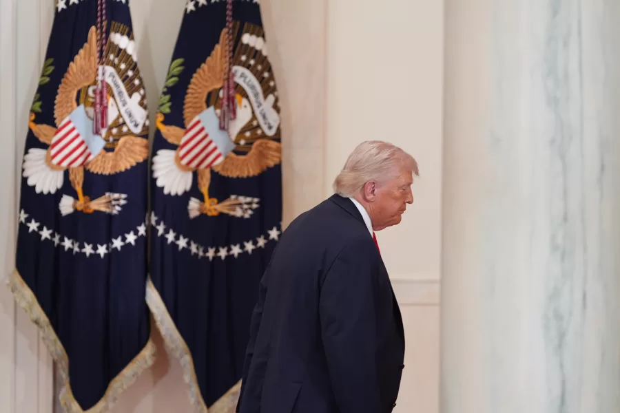 President Donald Trump departs after speaking about the Iran war from the Cross Hall of the White House on Wednesday, April 1, 2026, in Washington. (AP Photo/Alex Brandon, Pool)