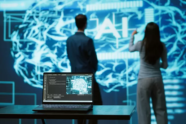 Engineers use AR tech to visualize AI neural networks brain, solving company problems. IT professionals using artificial intelligence augmented reality hologram, camera A Engineers use AR tech to visualize AI neural networks brain, solving company problems. IT professionals using artificial intelligence augmented reality hologram, camera A