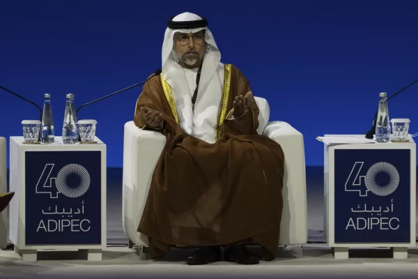 UAE Minister of Energy and Infrastructure Suhail al-Mazrouei talks in a panel during the inaugural session of the annual Abu Dhabi International Petroleum Exhibition and Conference (ADIPEC) in Abu Dhabi, United Arab Emirates, Monday, Nov. 4, 2024. (AP Photo/Altaf Qadri) UAE Minister of Energy and Infrastructure Suhail al-Mazrouei talks in a panel during the inaugural session of the annual Abu Dhabi International Petroleum Exhibition and Conference (ADIPEC) in Abu Dhabi, United Arab Emirates, Monday, Nov. 4, 2024. (AP Photo/Altaf Qadri)