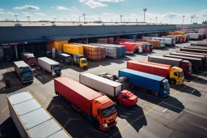 TIR CAMION AUTOTRENI PORTACONTAINER BILICI PORTA CONTAINER INTERPORTO PARCHEGGIO DEPOSITO  SCAMBIO INTERMODALE NODO TRASPORTO MERCI  
GENERATE AI