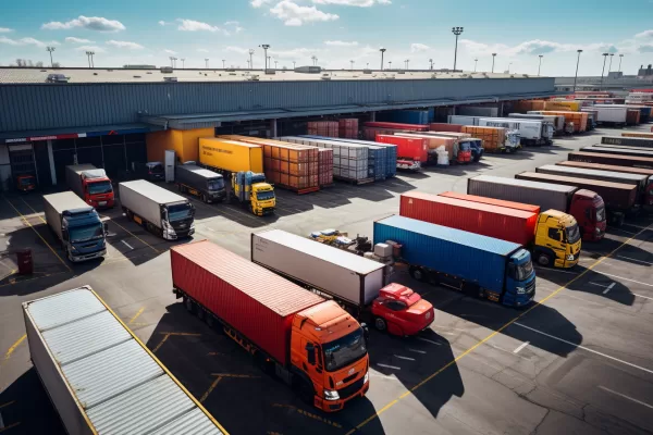 TIR CAMION AUTOTRENI PORTACONTAINER BILICI PORTA CONTAINER INTERPORTO PARCHEGGIO DEPOSITO  SCAMBIO INTERMODALE NODO TRASPORTO MERCI  
GENERATE AI