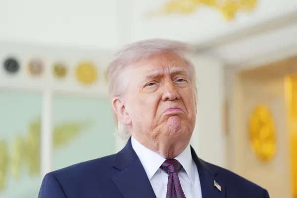 President Donald Trump speaks outside the Oval Office of the White House, Monday, April 13, 2026, in Washington. (AP Photo/Alex Brandon)