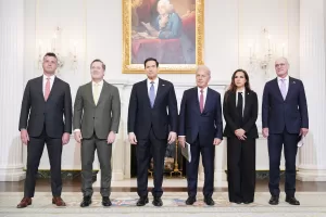 From left, Michael Needham, counselor for the U.S. Dept. of State, U.S. Ambassador to the United Nations Mike Waltz, Secretary of State Marco Rubio, U.S. Ambassador to Lebanon Michel Issa, Lebanese Ambassador to the U.S. Nada Hamadeh Moawad, and Israeli Ambassador to the U.S. Yechiel Leiter pose for a photo before a meeting at the State Department in Washington, Tuesday, April 14, 2026. (AP Photo/Jacquelyn Martin)