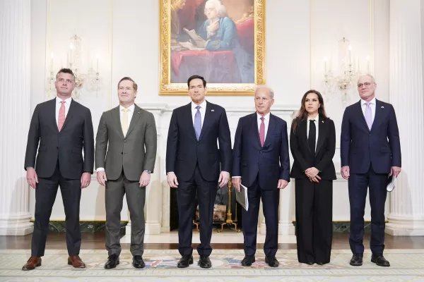 From left, Michael Needham, counselor for the U.S. Dept. of State, U.S. Ambassador to the United Nations Mike Waltz, Secretary of State Marco Rubio, U.S. Ambassador to Lebanon Michel Issa, Lebanese Ambassador to the U.S. Nada Hamadeh Moawad, and Israeli Ambassador to the U.S. Yechiel Leiter pose for a photo before a meeting at the State Department in Washington, Tuesday, April 14, 2026. (AP Photo/Jacquelyn Martin)