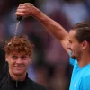 Alexander Zverev, of Germany, right, pours sparkling wine over the head of Jannik Sinner, of Italy, at the end of the men’s singles tennis final match against at the Madrid Open tennis tournament in Madrid, Spain, Sunday, May 3, 2026. (AP Photo/Manu Fernandez) Alexander Zverev, of Germany, right, pours sparkling wine over the head of Jannik Sinner, of Italy, at the end of the men’s singles tennis final match against at the Madrid Open tennis tournament in Madrid, Spain, Sunday, May 3, 2026. (AP Photo/Manu Fernandez)