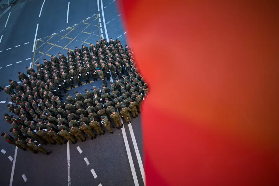Russian soldiers listen to their commander during the Victory Day military parade rehearsal in Moscow, Russia, on Monday, May 4, 2026, marking the 81st anniversary of the Soviet Union’s victory over Nazi Germany during the World War II. (AP Photo/Alexander Zemlianichenko)