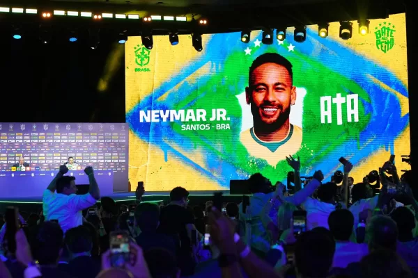 A screen displays an image of Neymar after coach Carlo Ancelotti, left, included him in Brazil’s squad for the 2026 FIFA World Cup in Rio de Janeiro, Monday, May 18, 2026. (AP Photo/Silvia Izquierdo) A screen displays an image of Neymar after coach Carlo Ancelotti, left, included him in Brazil’s squad for the 2026 FIFA World Cup in Rio de Janeiro, Monday, May 18, 2026. (AP Photo/Silvia Izquierdo)