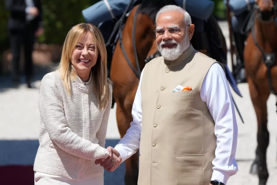Italian Premier Giorgia Meloni, left, welcomes India’s Prime Minister Narendra Modi upon his arrival at Villa Pamphilii in Rome for talks,Wednesday, May 20, 2026. (AP Photo/Gregorio Borgia)





Associate Press/ LaPresse
Only Italy and Spain