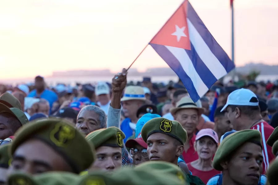 Members of the Revolutionary Armed Forces attend a rally in support of former President Raul Castro in front of the U.S. Embassy in Havana, Cuba, Friday, May 22, 2026, after U.S. prosecutors filed an indictment accusing him of ordering the 1996 shootdown of civilian planes flown by Miami-based exiles. (AP Photo/Ramon Espinosa)
