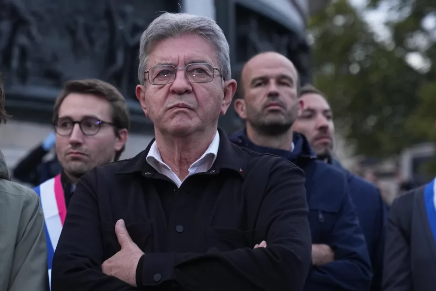 French far-left leader Jean-Luc Melenchon attends a demonstration after a Gaza-bound aid flotilla was intercepted by Israeli Defense Forces in the Mediterranean Sea, Thursday, Oct. 2, 2025 in Paris. (AP Photo/Thibault Camus)
