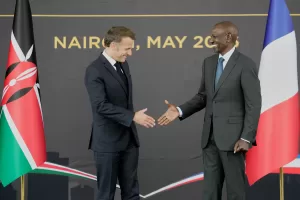 French President Emmanuel Macron, left, and Kenyan President William Ruto shake hands at State House in Nairobi, Kenya, Sunday, May 10, 2026. (AP Photo/Brian Inganga) French President Emmanuel Macron, left, and Kenyan President William Ruto shake hands at State House in Nairobi, Kenya, Sunday, May 10, 2026. (AP Photo/Brian Inganga)