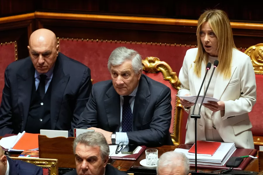 Italy’s Prime Minister Giorgia Meloni, right, flanked by Italy’s Foreign Minister Antonio Tajani, center, and Defense Minister Guido Crosetto, addresses the Senate regarding the conflict in Iran and the Gulf region, in Rome, Wednesday, March 11, 2026. (AP Photo/Alessandra Tarantino)





Associate Press/ LaPresse
Only Italy and Spain