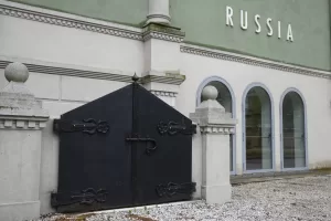 A view of the closed Russia’s pavilion, at the Biennale International Architecture exhibition, in Venice, Italy, Wednesday, May 17, 2023. The 18th edition of the Biennale International Architecture exhibition will open to the public from Saturday May 20 to Sunday Nov. 26, 2023. (AP Photo/Antonio Calanni)