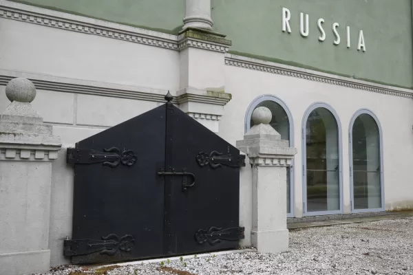 A view of the closed Russia’s pavilion, at the Biennale International Architecture exhibition, in Venice, Italy, Wednesday, May 17, 2023. The 18th edition of the Biennale International Architecture exhibition will open to the public from Saturday May 20 to Sunday Nov. 26, 2023. (AP Photo/Antonio Calanni)