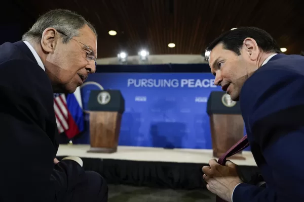 Secretary of State Marco Rubio shows his tie to Russia’s Foreign Minister Sergey Lavrov before a news conference with President Donald Trump and Russia’s President Vladimir Putin at Joint Base Elmendorf-Richardson, Alaska, Friday, Aug. 15, 2025. (AP Photo/Julia Demaree Nikhinson) Secretary of State Marco Rubio shows his tie to Russia’s Foreign Minister Sergey Lavrov before a news conference with President Donald Trump and Russia’s President Vladimir Putin at Joint Base Elmendorf-Richardson, Alaska, Friday, Aug. 15, 2025. (AP Photo/Julia Demaree Nikhinson)