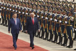 President Donald Trump participates in a welcome ceremony with China’s President Xi Jinping at the Great Hall of the People, Thursday, May 14, 2026, in Beijing. (AP Photo/Mark Schiefelbein)