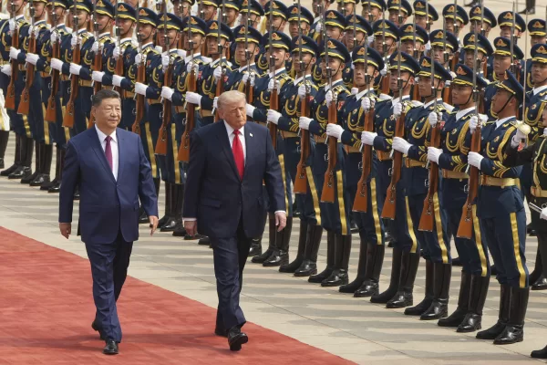 President Donald Trump participates in a welcome ceremony with China’s President Xi Jinping at the Great Hall of the People, Thursday, May 14, 2026, in Beijing. (AP Photo/Mark Schiefelbein)