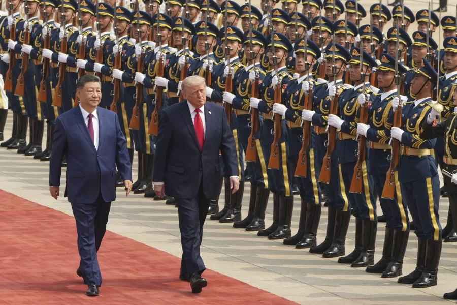 President Donald Trump participates in a welcome ceremony with China’s President Xi Jinping at the Great Hall of the People, Thursday, May 14, 2026, in Beijing. (AP Photo/Mark Schiefelbein)