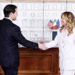 La presidente del Consiglio Giorgia Meloni e il segretario di Stato degli Stati Uniti Marco Rubio durante l’incontro a Palazzo Chigi, Roma, Venerdì 8 Maggio 2026 (Foto Roberto Monaldo / LaPresse)

Italian premier Giorgia Meloni and US Secretary of State Marco Rubio during the meeting at Palazzo Chigi, Rome, Friday, May 8, 2026 (Photo by Roberto Monaldo / LaPresse)