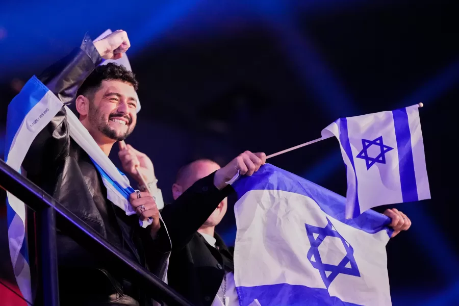 Noam Bettan from Israel performs the song “Michelle” reacts to the vote totals being announced during the first semifinal of the 70th Eurovision Song Contest in Vienna, Austria, Tuesday, May 12, 2026. (AP Photo/Martin Meissner)