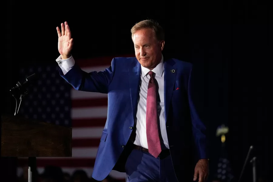 Texas Attorney General Ken Paxton, a Republican candidate for the U.S. Senate, waves as he takes the stage to speak during a primary runoff election night event after winning the Republican party’s nomination Tuesday, May 26, 2026, in Plano, Texas. (AP Photo/Tony Gutierrez)