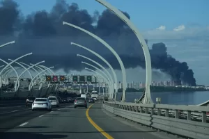A plume of black smoke is seen over the port of St. Petersburg, Russia, Wednesday, June 3, 2026, after a Ukrainian drone attack. (AP Photo) A plume of black smoke is seen over the port of St. Petersburg, Russia, Wednesday, June 3, 2026, after a Ukrainian drone attack. (AP Photo)