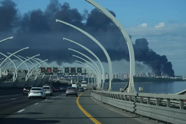 A plume of black smoke is seen over the port of St. Petersburg, Russia, Wednesday, June 3, 2026, after a Ukrainian drone attack. (AP Photo) A plume of black smoke is seen over the port of St. Petersburg, Russia, Wednesday, June 3, 2026, after a Ukrainian drone attack. (AP Photo)
