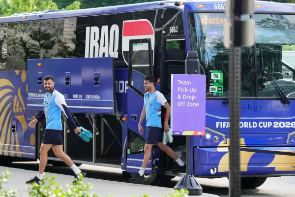 Iraq’s players arrive with a bus for a training session ahead of the World Cup Group I soccer match between Iraq and Norway in Foxborough, Mass., near Boston, Monday, June 15, 2026. (AP Photo/Martin Meissner) Iraq’s players arrive with a bus for a training session ahead of the World Cup Group I soccer match between Iraq and Norway in Foxborough, Mass., near Boston, Monday, June 15, 2026. (AP Photo/Martin Meissner)