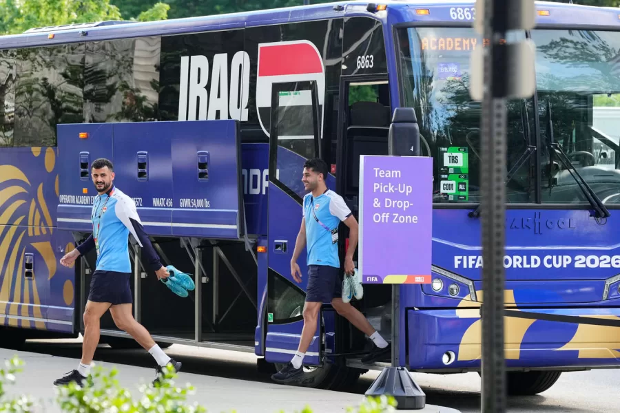 Iraq’s players arrive with a bus for a training session ahead of the World Cup Group I soccer match between Iraq and Norway in Foxborough, Mass., near Boston, Monday, June 15, 2026. (AP Photo/Martin Meissner)