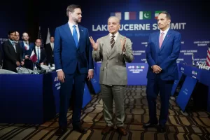 From left, U.S. Vice President JD Vance, Pakistan’s Prime Minister Shehbaz Sharif, and Qatar’s Prime Minister and Minister for Foreign Affairs Sheikh Mohammed bin Abdulrahman bin Jassim Al-Thani attend a quadrilateral meeting between the U.S., Iran, Pakistan, and Qatar at the Buergenstock Resort Lake Lucerne, near Stansstad, Switzerland, Sunday, June 21, 2026. (Nathan Howard/Pool Photo via AP)