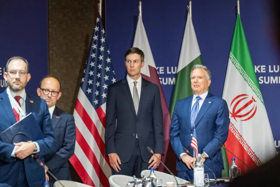Trump’s envoys Jared Kushner, center, and Steve Witkoff, right, at Lake Lucerne Summit, at the Buergenstock resort in Obbuergen, near Lucerne, Switzerland, Sunday, June 21, 2026. (Urs Flueeler, Pool Photo via AP)