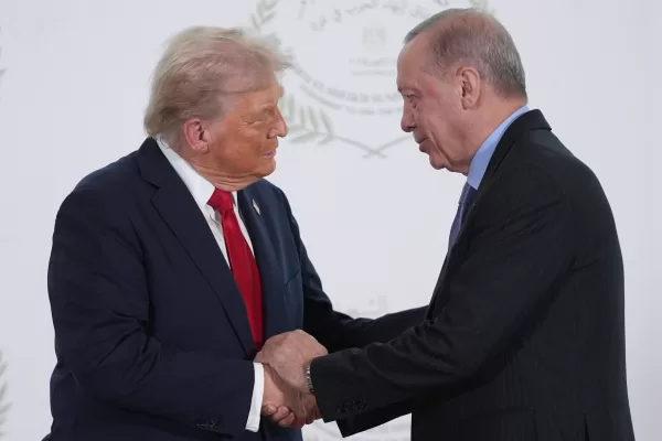 President Donald Trump greets Turkey’s President Recep Tayyip Erdogan during a summit to support ending the more than two-year Israel-Hamas war in Gaza after a breakthrough ceasefire deal, Monday, Oct. 13, 2025, in Sharm El Sheikh, Egypt. (AP Photo/Evan Vucci, Pool) President Donald Trump greets Turkey’s President Recep Tayyip Erdogan during a summit to support ending the more than two-year Israel-Hamas war in Gaza after a breakthrough ceasefire deal, Monday, Oct. 13, 2025, in Sharm El Sheikh, Egypt. (AP Photo/Evan Vucci, Pool)