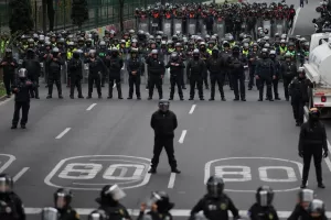 Police block an avenue to prevent protesting teachers from marching to the stadium that will host the opening match of the FIFA World Cup in Mexico City, Tuesday, June 9, 2026. (AP Photo/Eduardo Verdugo) Police block an avenue to prevent protesting teachers from marching to the stadium that will host the opening match of the FIFA World Cup in Mexico City, Tuesday, June 9, 2026. (AP Photo/Eduardo Verdugo)