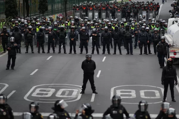 Police block an avenue to prevent protesting teachers from marching to the stadium that will host the opening match of the FIFA World Cup in Mexico City, Tuesday, June 9, 2026. (AP Photo/Eduardo Verdugo) Police block an avenue to prevent protesting teachers from marching to the stadium that will host the opening match of the FIFA World Cup in Mexico City, Tuesday, June 9, 2026. (AP Photo/Eduardo Verdugo)
