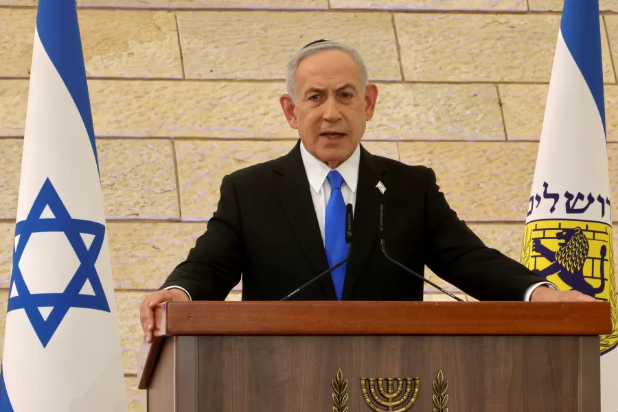 Israeli Prime Minister Benjamin Netanyahu attends a Memorial Day opening ceremony at the Yad LaBanim House in Jerusalem, Monday, April 20, 2026. (Marc Israel Sellem/Pool Photo via AP)
