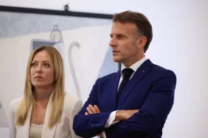 French President Emmanuel Macron and Italian Prime Minister Giorgia Meloni, left, listen to explanation during a visit to the Picasso Museum as part of a Franco-Italian summit in Antibes, in Antibes, southern France, Thursday, June 25, 2026. (Manon Cruz/Pool Photo via AP)